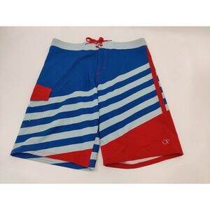 OP Ocean Pacific Mens Board Shorts 34 Blue Red Striped OPFLEX 4-Way Stretch Swim
